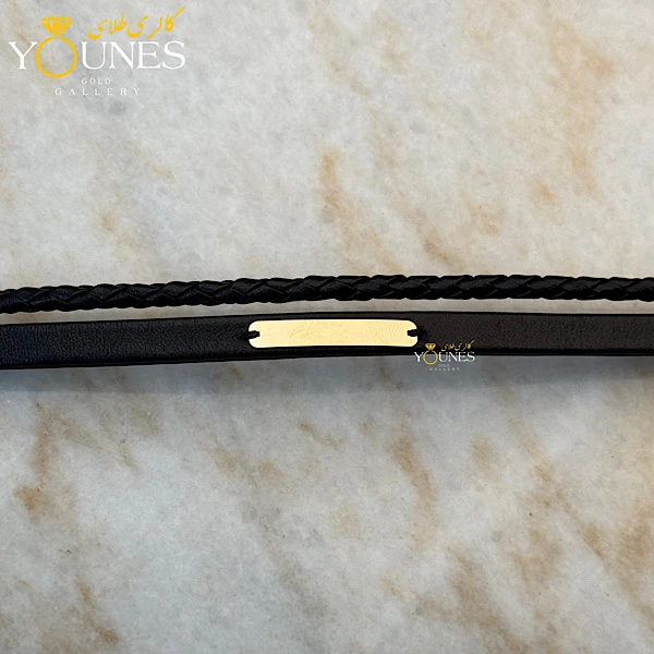 دستبند چرم مردانه طلا براق گیس بافت مشکی